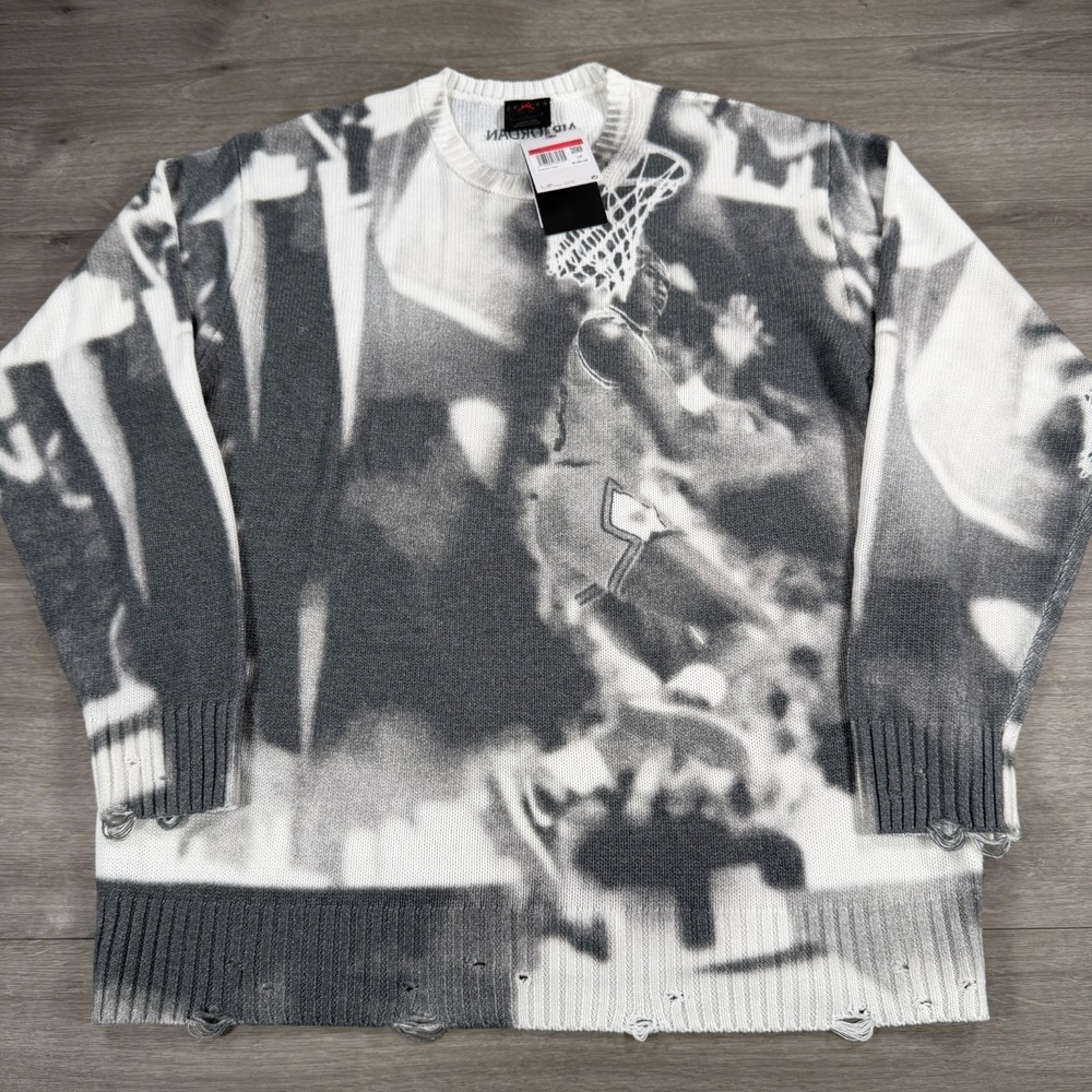 Air Jordan Nike Sweater AOP Knit Mens Large Distressed Loose Fit HQ1635-133